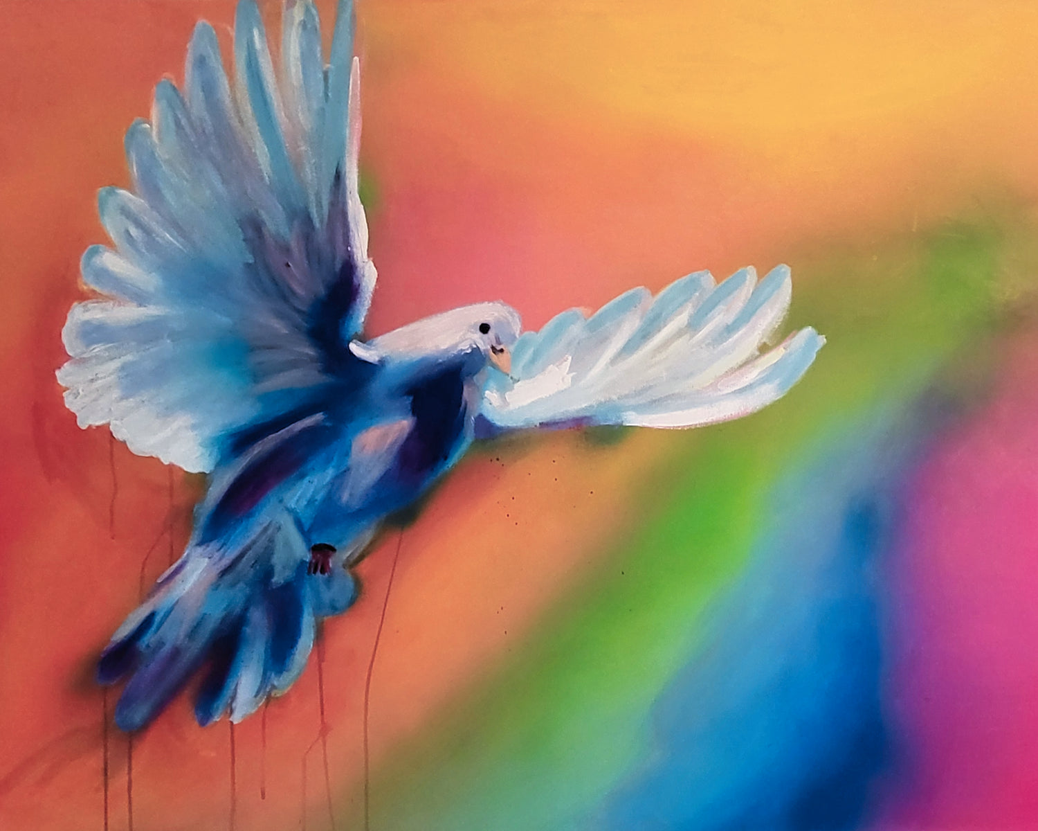 Painting of pigeon in white, purple, and blue with wings open over a vibrant, rainbow blended background